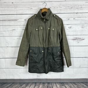 Michael Kors Jacket Womens Small Black Green Waxed Moto Hooded Military Coat